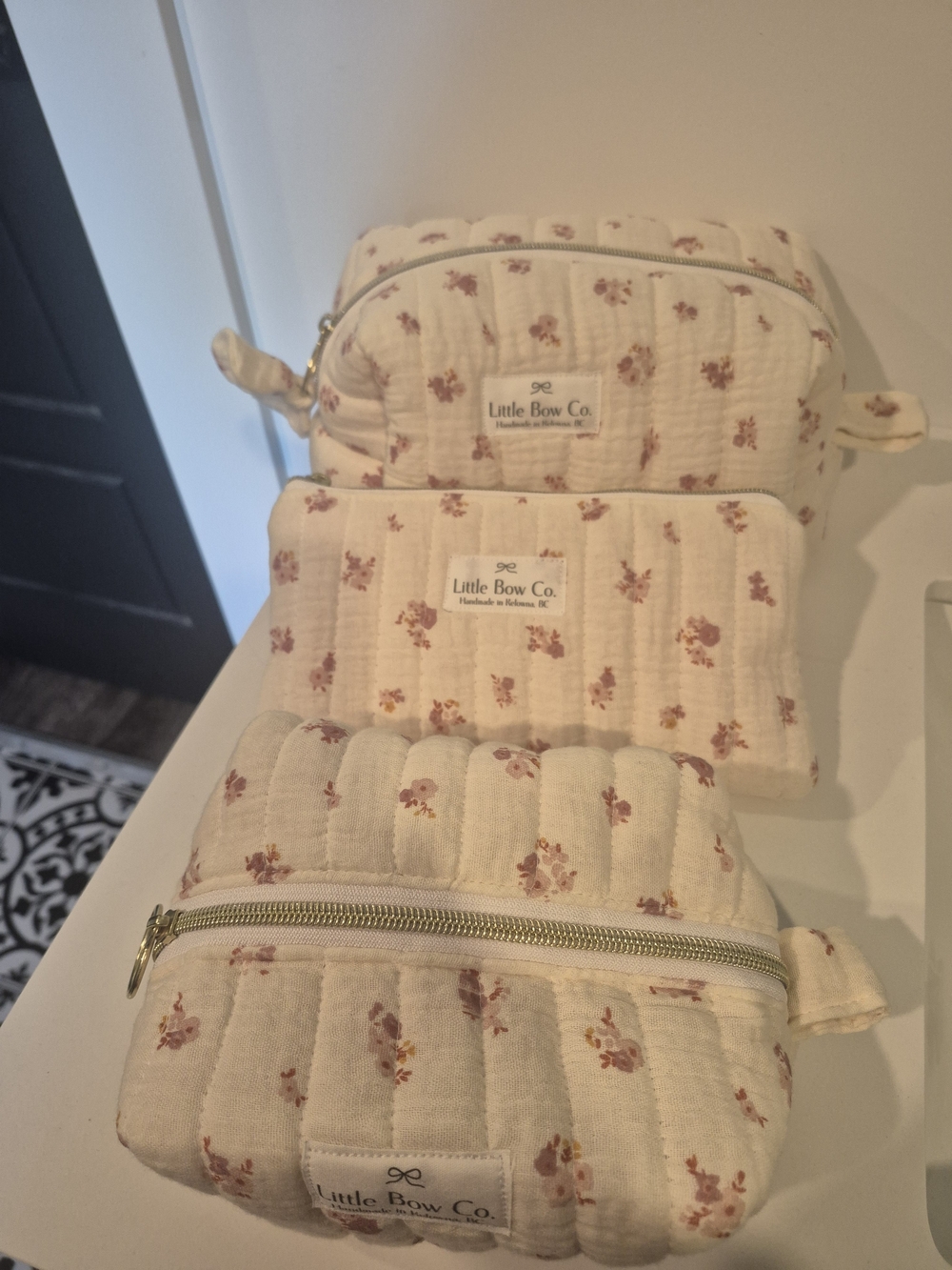 Cream Floral Quilted Cosmetics- 3 Piece Pouch SET